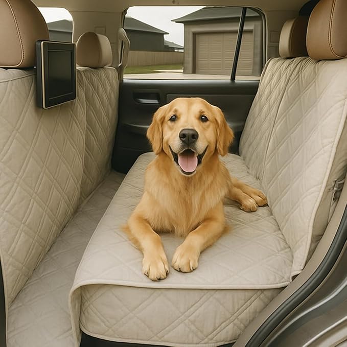 Formosa Covers Quilted and Padded Dog Pet Car Seat Cover with Comforting Fabric and Non-Slip Backing Best for Car Truck and SUV - Travel with Your Pet Mess Free - Universal Fit 56" Wx94 L, Taupe by FormosaCovers