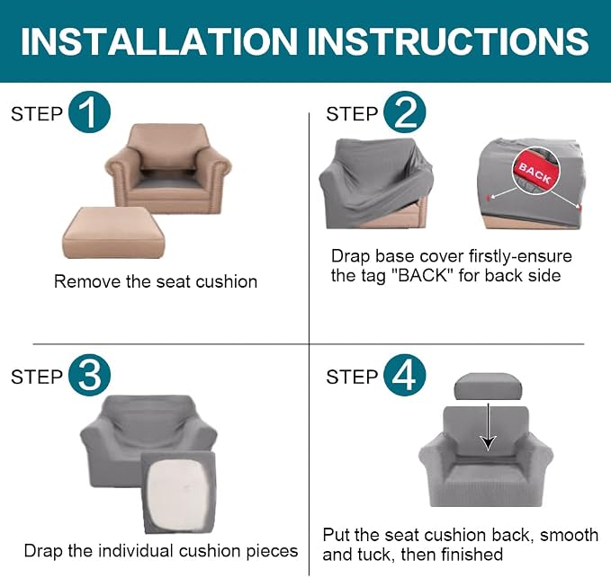 Turquoize 2 Piece Chair Covers Chair Slipcovers for Living Room Armchair Couch Cover Chair Sofa Cover with Individual Cushion Covers Furniture Cover for Chairs Feature Jacquard Fabric (Chair, Dove) - Image 6