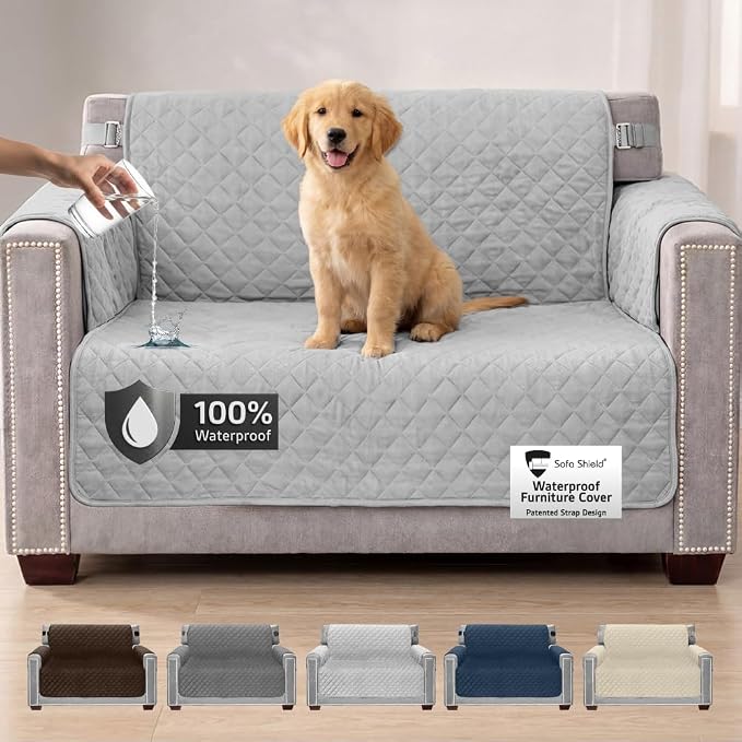 Sofa Shield 100% Waterproof Couch Cover with Patented Straps, Slip & Stain Resistant Furniture Protector, Machine Washable Sofa Slipcover for Dogs Cats Pets Kids, 54 inch Seat, Loveseat, Light Gray by SofaShield