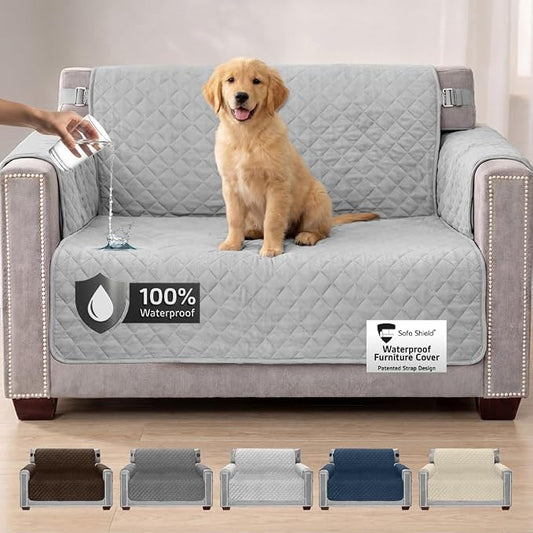 Sofa Shield 100% Waterproof Couch Cover with Patented Straps, Slip & Stain Resistant Furniture Protector, Machine Washable Sofa Slipcover for Dogs Cats Pets Kids, 54 inch Seat, Loveseat, Light Gray by SofaShield