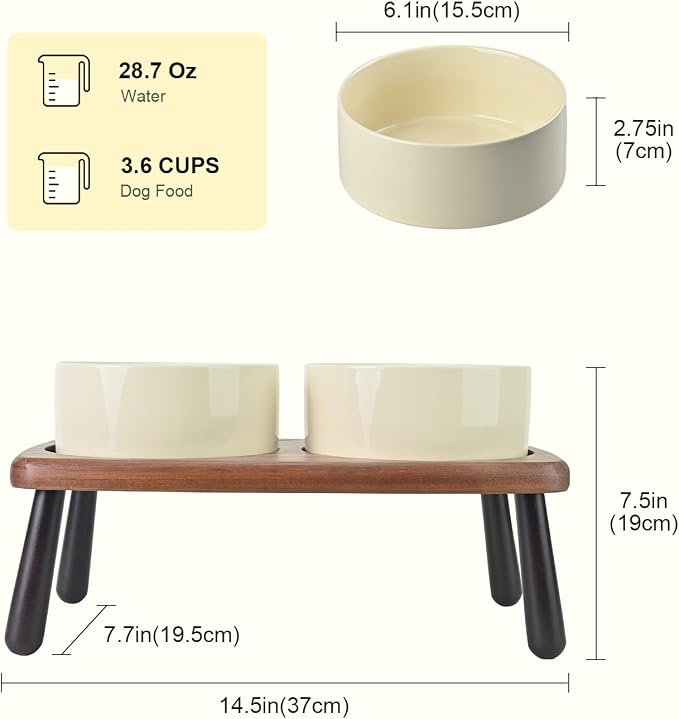 SPUNKYJUNKY Ceramic Elevated Dog Bowls Raised with Acacia Bamboo Wooden Stand, 6.1'' Dog and Cat Food Water Bowls Set Non-Slip for Small Medium Sized Breed Microwave Dishwasher Safe - 28.7 OZ,Beige - Image 2