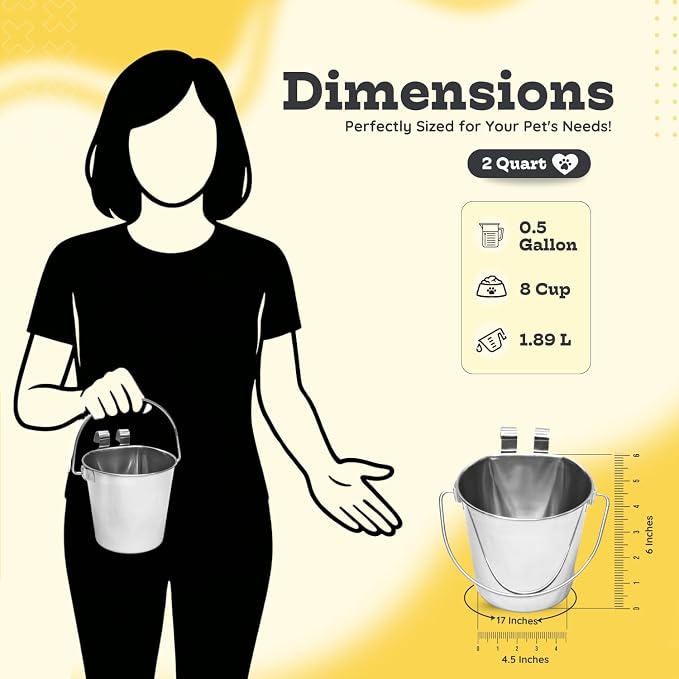 2 Quart Stainless Steel Flat Sided Bucket with Dual Hooks | 4 Pcs Durable Food & Water Bowl for Dog Cats Bird & Small Animals | Fits kennel Cage Crates Hanging Pet Pail | Multipurpose use - Image 7