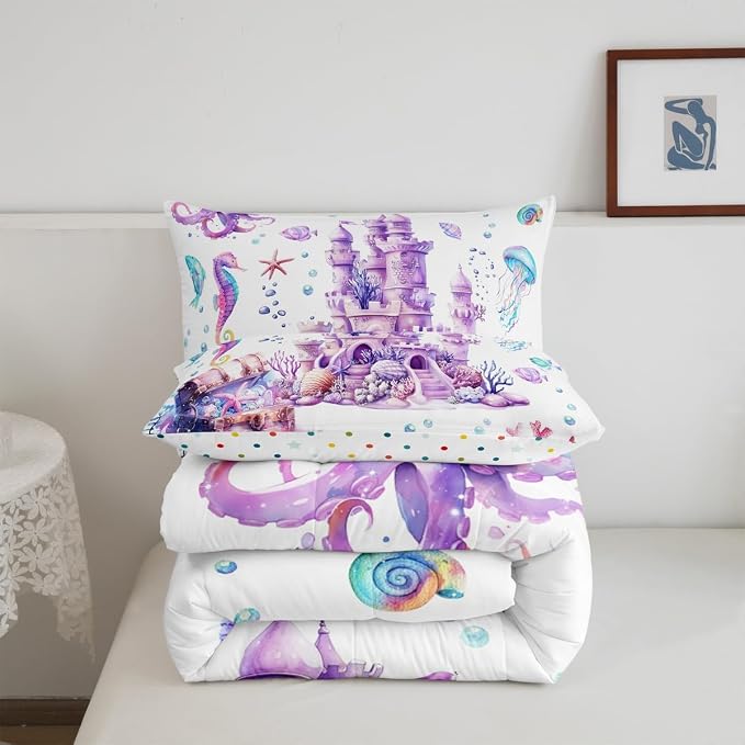 Manfei Dreamy Castle Twin Size Comforter Set,Kawaii Fairy Tale Purple Quilt Set Soft Bed Collection,Watercolor Coral Sealife Bedding Comforter for Boys Girls Room Decor,2 Pcs - Image 5