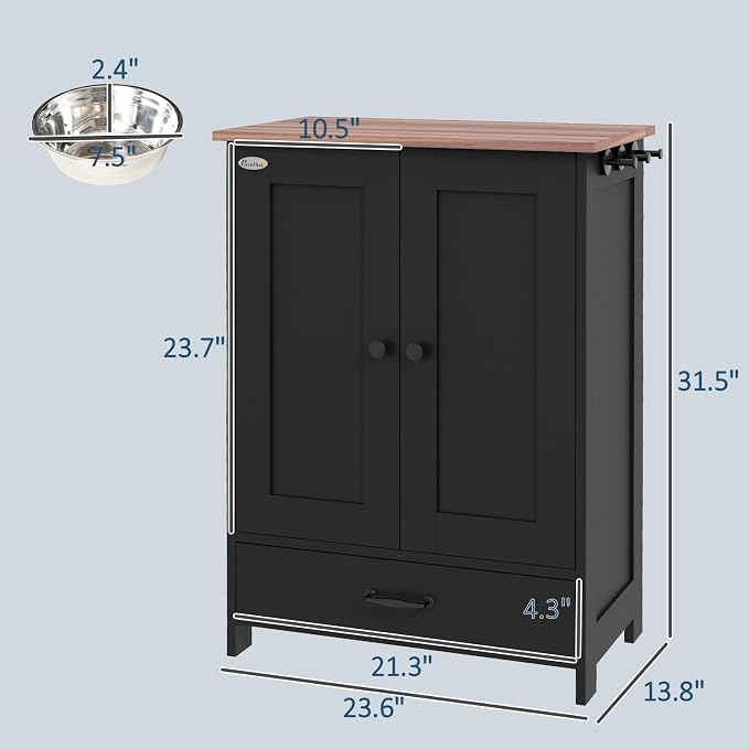 PawHut Pet Feeding Station Elevated Dog Bowls for Medium Sized Breed Black | Dog Food Storage Cabinet, Hidden Bowls, Adjustable Panel, Hooks - Image 3