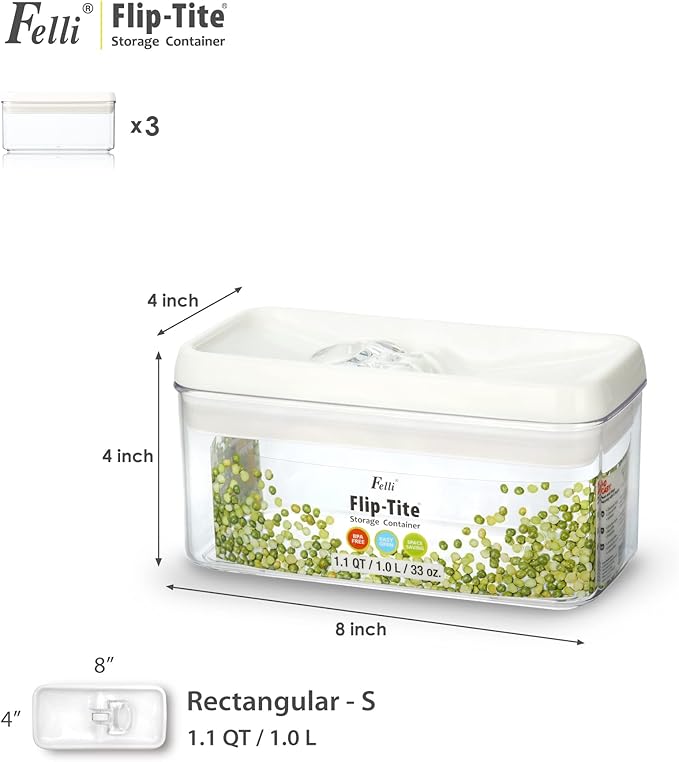 Felli Flip Tite Food Storage Container with Lid 4” RECTANGLE Airtight Ring Flip Lock Top, Stackable Acrylic Canister Set for Kitchen Fridge Pantry Organizer, Veggie Fruit Tea Bag Snack (1.1 qt) - Image 3