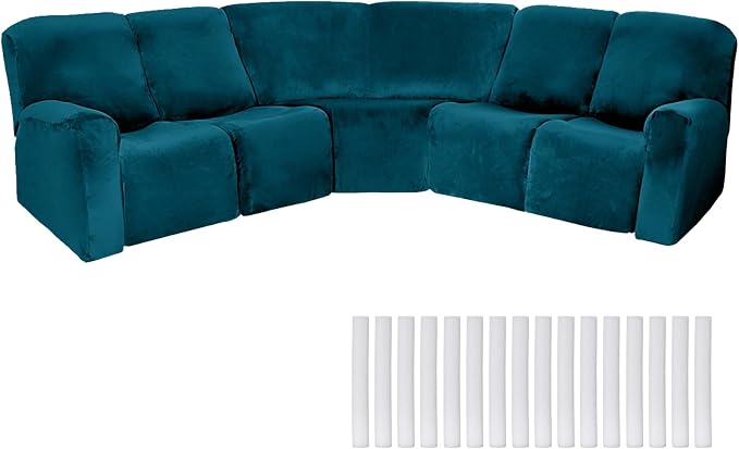 Peryiter 7 Pcs L Shape Sectional Recliner Sofa Covers 5 Seat Sectional Couch Covers Milk Silk Velvet Stretch Reclining Sofa Slipcover Furniture Protector for Living Room(Deep Teal,Velvet) by Peryiter