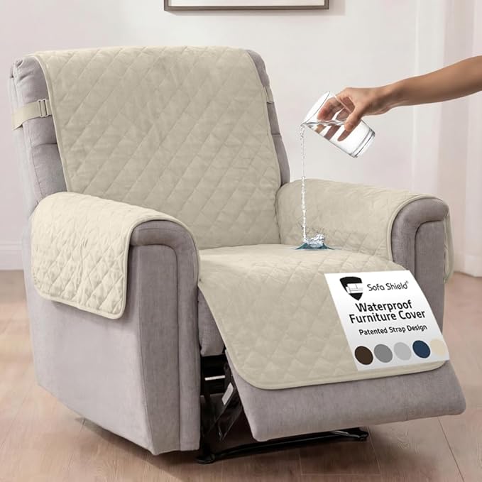 Sofa Shield 100% Waterproof Couch Cover with Patented Straps, Slip & Stain Resistant Furniture Protector, Machine Washable Sofa Slipcover for Dogs Cats Pets Kids, 28 inch Seat, Large Recliner, Taupe by SofaShield