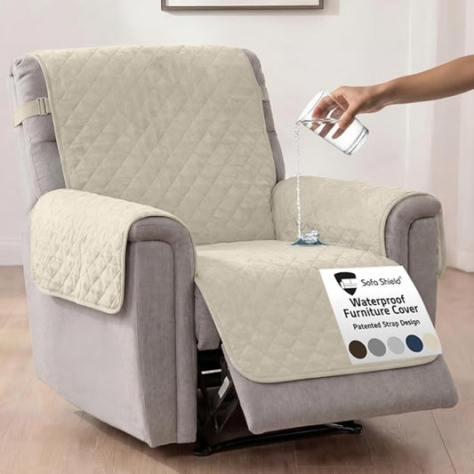 Sofa Shield 100% Waterproof Couch Cover with Patented Straps, Slip & Stain Resistant Furniture Protector, Machine Washable Sofa Slipcover for Dogs Cats Pets Kids, 28 inch Seat, Large Recliner, Taupe by SofaShield