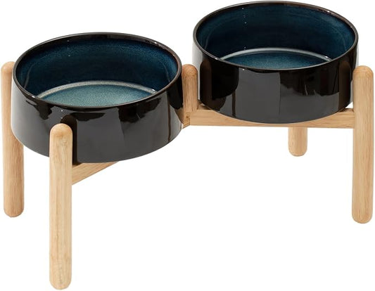 Havniva Elevated Dog Bowls Ceramic Dog Bowls with Stand, Dog Food Bowl | 8.3” Raised Dog Bowls with Non-Slip Wood Stand, Dog Food and Water Bowl Set, Double Dog Feeding Bowls for Large Dogs by Havniva