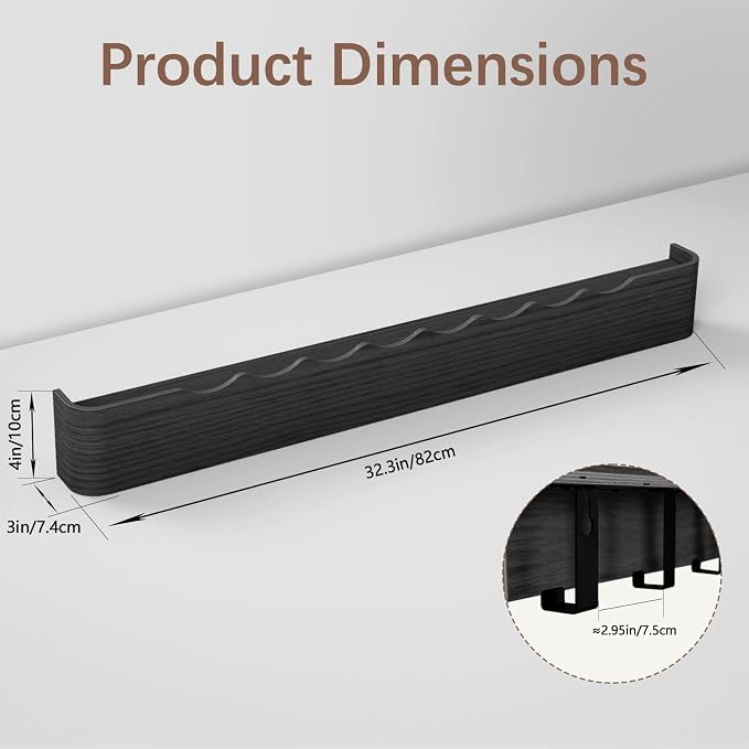 Coat Rack Wall Mount with Hidden Hooks, Wall Hooks with Shelf, Wall Key Holder Mount Wooden Shelf Entryway Hooks for Bedroom Bathroom for Hanging Coats Hats Bags Towels (Black Wave-Shape, 8 Hooks) - Image 2