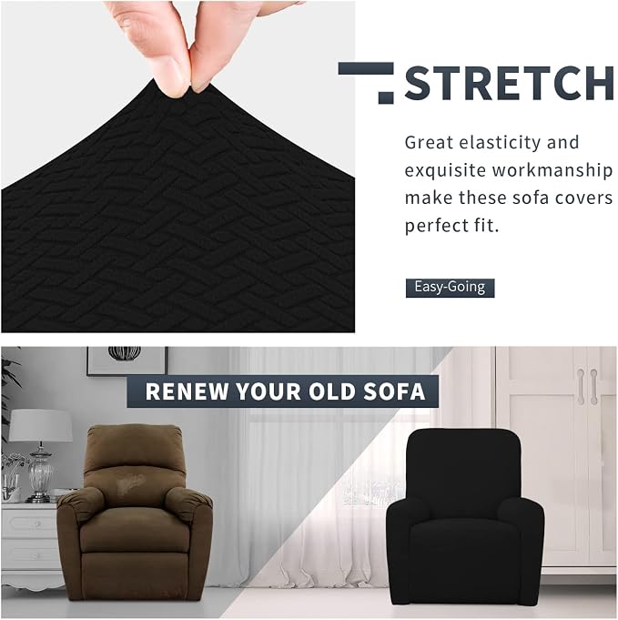 Easy-Going Stretch Jacquard Recliner Couch Cover, 4-Piece Soft Sofa Cover, Sofa Slipcover with Elastic Loop, Washable Furniture Protector for Kids, Pets, Dogs, Cats (Recliner, Black) - Image 3