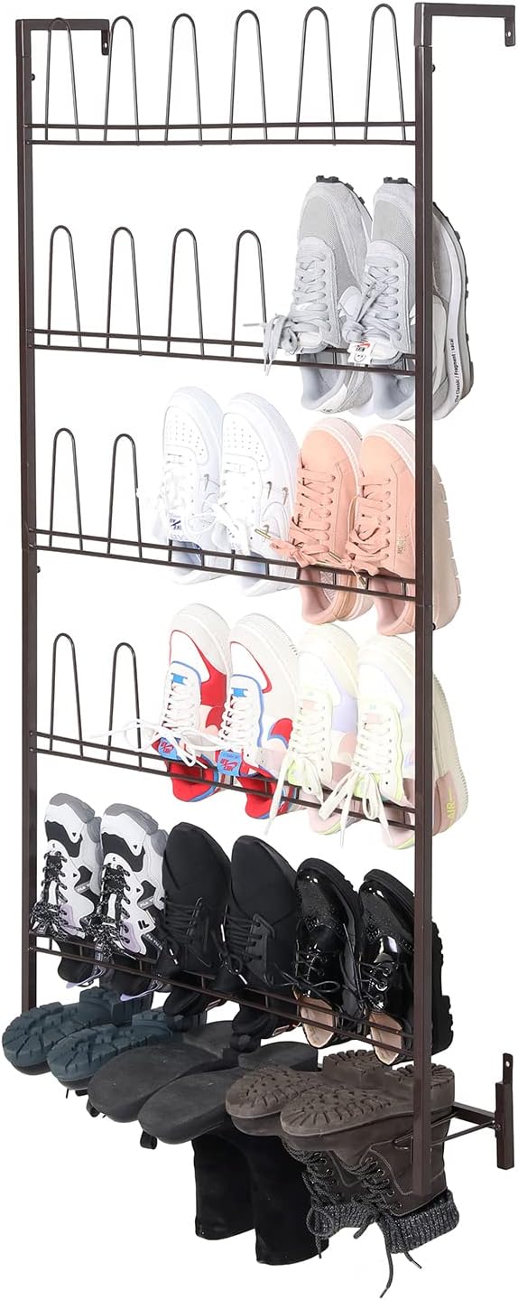 MyGift 5-Tier Wall Mounted Dark Brown Metal 18 Pair Boot and Shoe Storage Rack Organizer Stand - Image 4