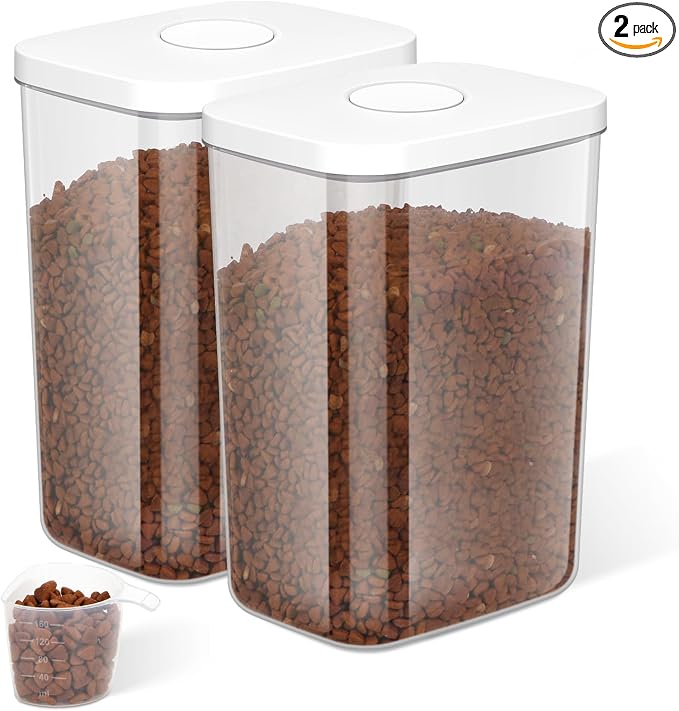 LEAWALK 5-8 Lbs/6Qt Airtight Dog Cat Food Storage Container and Pet Storage Bin BPA-Free, PET Clear Stackable Dog Treat Containers Measuring Scoop Suitable for Dogs Food, Cats Food and Other Dry-2Pack by LEAWALK