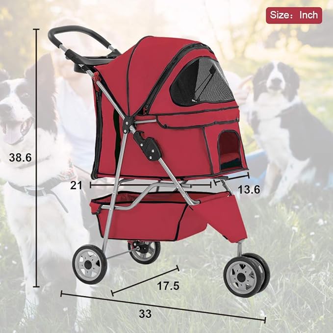 BestPet 3 Wheels Pet Dog Stroller Cat Cage for Medium Small Dogs Cats Travel Folding Carrier Waterproof Puppy Stroller with Cup Holder & Removable Liner,Red