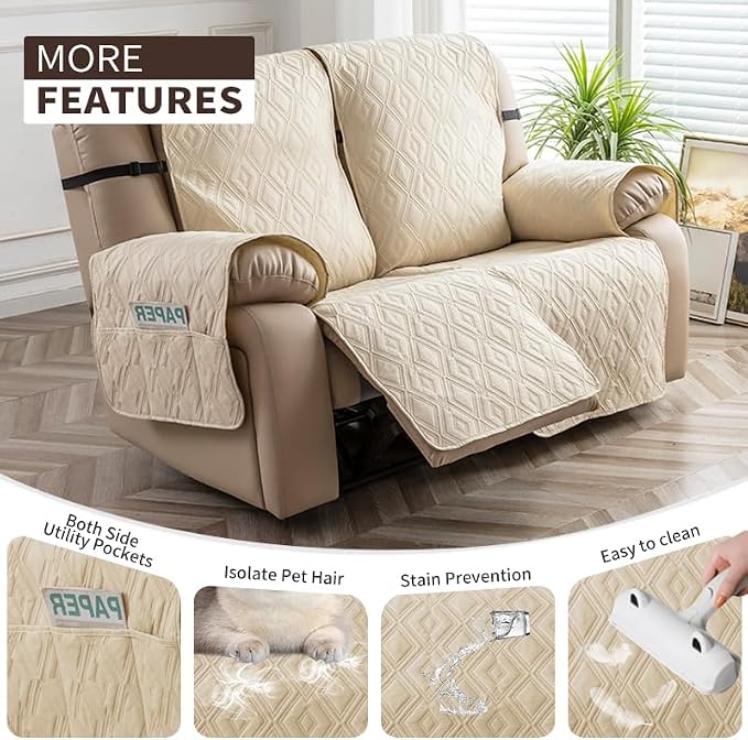 Genina Waterproof Loveseat Recliner Cover Non-Slip, Sofa Cover for Reclining Couch 2 Seat, Washable Couch Cover Loveseat Furniture Protector Cover for Pets Dogs Kids(Beige, Recliner Loveseat) - Image 3