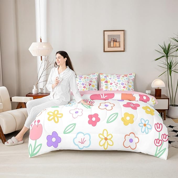 Feelyou Cute Flower 7 Piece Bedding Set Colorful Floral Comforter Set with Sheets for Kids Boys Girls Cartoon Hand-Drawn Bed in a Bag Botanical Decor Bed Set Soft Lightweight - Image 6
