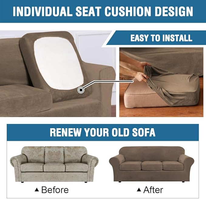 H.VERSAILTEX High Stretch Sofa Slipcover 4 Piece Cover Velvet Furniture Protector Form Fit Thick Velvet Extra Large Sofa Cover for 3 Cushion Couch Width Up to 97 Inch (Large Sofa, Mocha) - Image 6