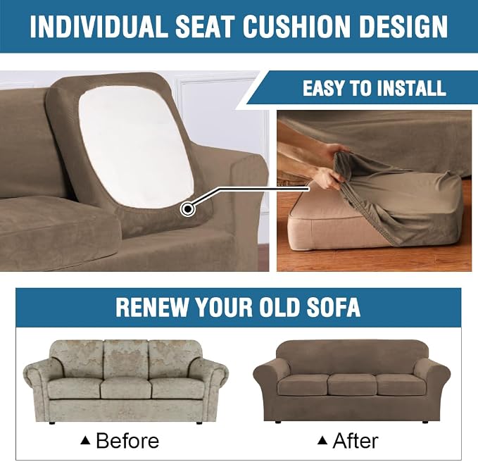 H.VERSAILTEX Modern Velvet Plush 4 Piece High Stretch Sofa Slipcover Sofa Cover Furniture Protector Form Fit Thick Velvet Sofa Cover for 3 Cushion Couch Width Up to 90 Inch (Sofa, Mocha) - Image 6