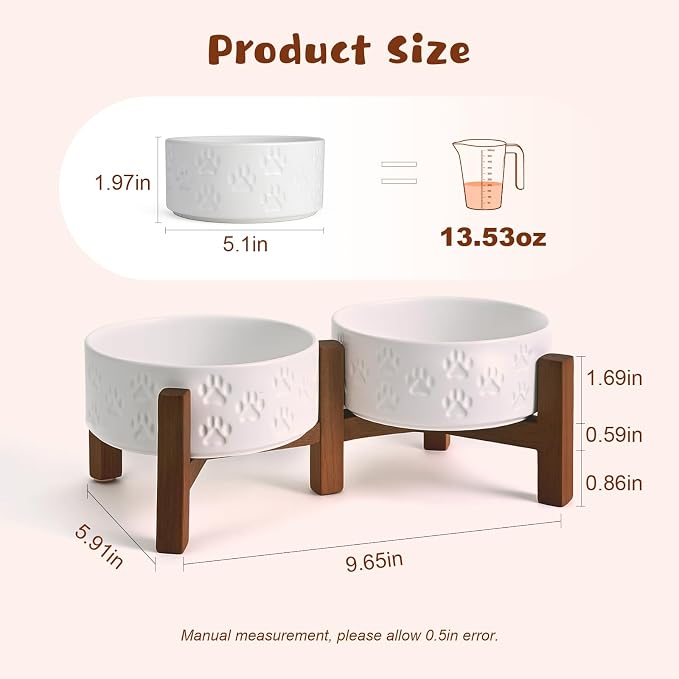 SPUNKYJUNKY Ceramic Elevated Dog Bowl Set with Acacia Wood Stand for Food and Water for Cats and Small Dogs (13.52 OZ, White, Dog Paw Pattern) - Image 2