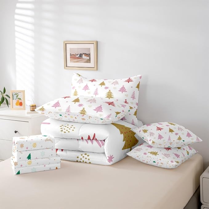 Erosebridal Merry Christmas Bedding Set Full Cartoon Pink Christmas Comforter Set 7 Piece Kids Cute Xmas Tree Bed in A Bag for Kids Boys Men Winter New Year Gift Quilt with Flat Fitted Sheet - Image 6