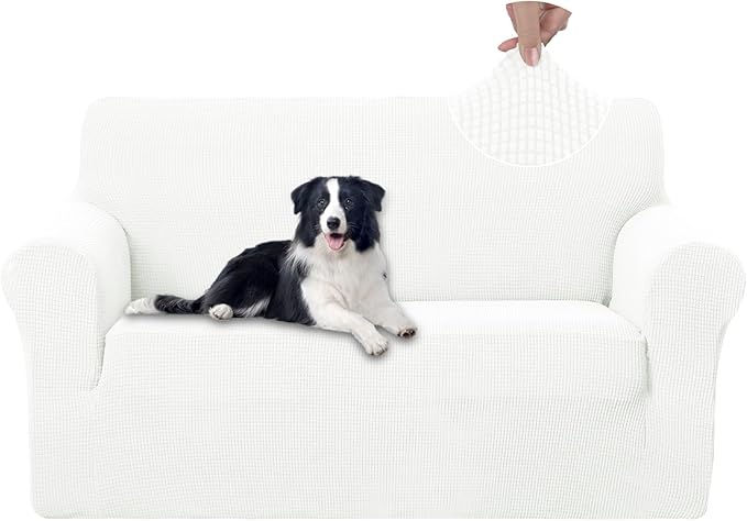 U-NICE HOME Loveseat Cover Stretch Couch Cover Sofa Slipcover, Ivory White | 2 Cushion Sofa, 1-Piece Sofa cover, Washable, Pet friendly, Furniture protector, Polyester Spandex Jacquard fabric by U-NICEHOME