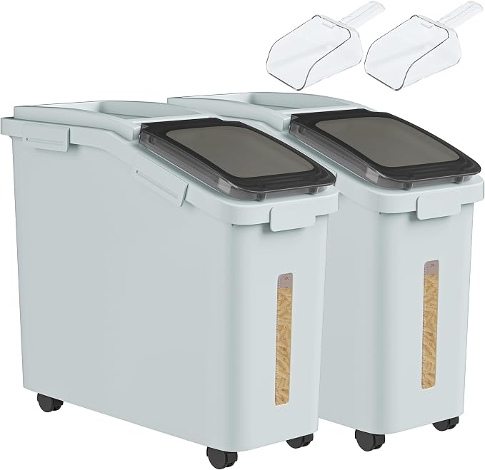 YITAHOME Ingredient Storage Bin, Large Commercial Rice Container with 11.4 Gallon Capacity, Bulk Flour Bin with Wheels, Scoop, Lid, and Scale for Kitchen,2count, Grey by YITAHOME