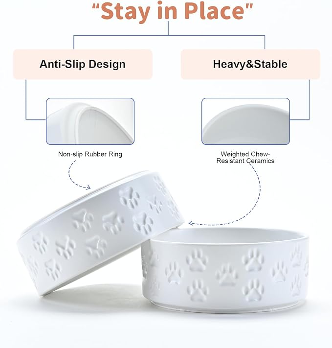 SPUNKYJUNKY Ceramic Dog and Cat Bowls 2 Pack, 5.1'' Dog and Cat Food Water Double Feeding Bowls Non-Slip for Cats and Puppy Small Sized Breed Dogs Microwave Dishwasher Safe - 13.5 OZ, 2pcs, Paw White - Image 4