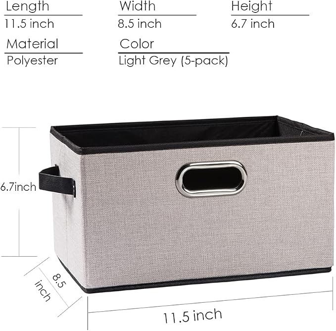 PRANDOM Fodable Storage Baskets for Closet [5-pack] Decorative Fabric Storage Bins Cubes with Leather/Metal Handles for Shelves Bedroom Living Room Light Grey (11.5x8.5x6.7 Inch) - Image 5