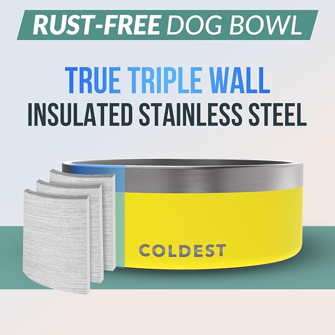 Coldest Dog Bowl - Anti Rust Metal, Non Slip, 3 Layers Insulated Stainless Steel Dog Bowls - Spill Proof & Heavy Duty - Water Bowl for Dogs, Cats & Pets, Dish Washer Safe (64 oz, Solar Yellow) - Image 3