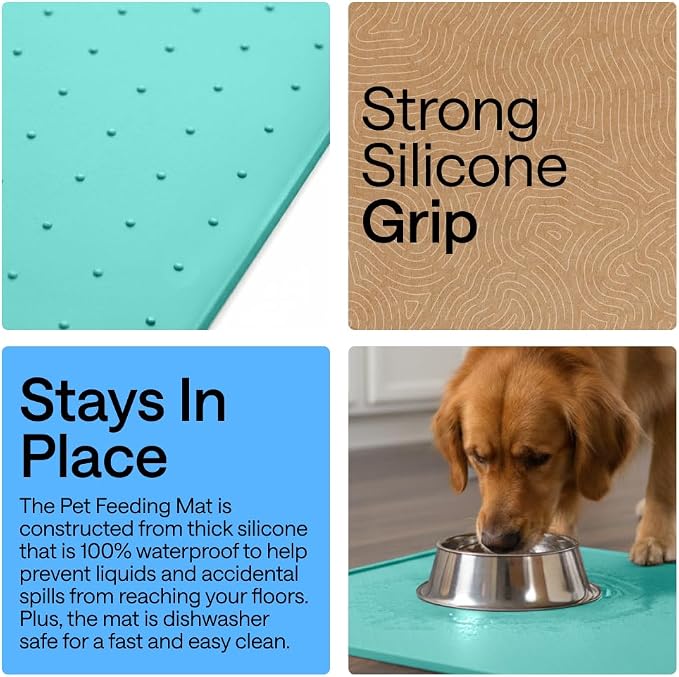 GORILLA GRIP 100% Waterproof Raised Edge BPA Free Silicone Pet Feeding Mat, Dog Cat Food Mats Contain Spills Protects Floors, Placemats for Cats and Dogs Water Bowl, Pets Accessories 26x17 Turquoise - Image 3