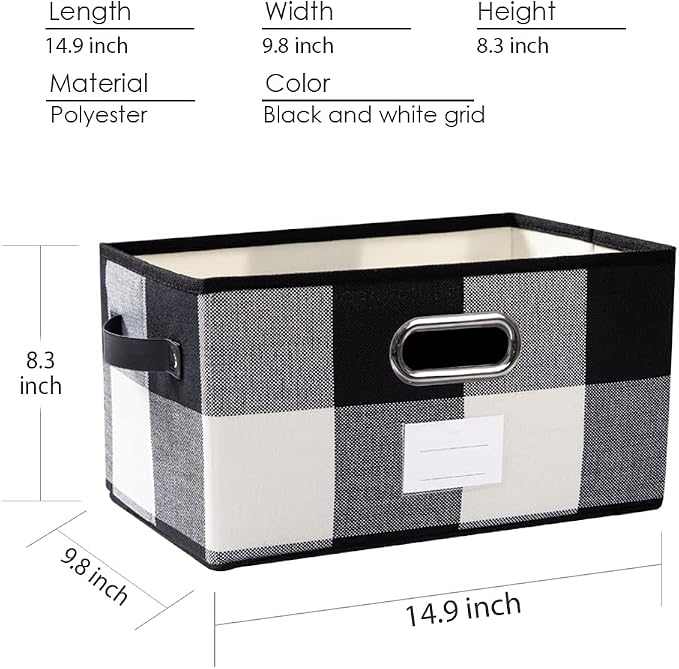 PRANDOM Large Collapsible Storage Baskets for Closet [3-pack] Decorative Fabric Storage Bins Cubes with Leather/Metal Handles for Shelves Bedroom Living Room Black and White Grid (14.9x9.8x8.3 Inch) - Image 3
