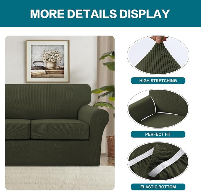 Turquoize 4 Piece Sofa Covers for 3 Cushion Couch Sofa Slipcover Soft Couch Cover for Dogs-Washable Sofa Furniture Cover with 3 Individual Cushion Covers (3 Cushion Sofa, Olive) - Image 4