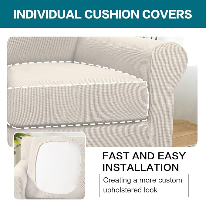 Turquoize 2 Piece Chair Covers for Living Room Armchair Couch Cover with Individual Cushion Covers Furniture Cover for Chairs Feature Jacquard Fabric (Chair, Ivory) - Image 5