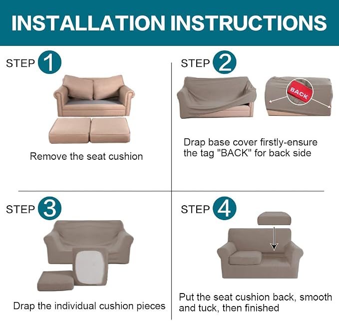 Turquoize 3 Piece Sofa Covers for 2 Cushion Couch Sofa Slipcover Soft Couch Cover for Dogs-Washable Sofa Furniture Covers with 2 Individual Cushion Covers, Thick Jacquard Fabric (Loveseat, Taupe) - Image 6