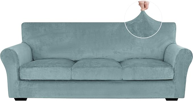 XINEAGE 4-Piece Velvet Sofa Cover,Couch Covers for Dog,Gray Blue | 3 Cushion Sofa,Stretch Non-slip Elastic, Pet-friendly, Washable, Fast Setup, Soft Plush Fabric, Furniture Protector. by XINEAGE