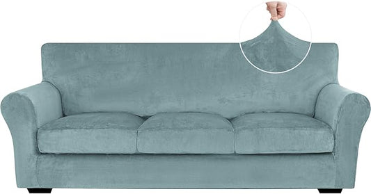 XINEAGE 4-Piece Velvet Sofa Cover,Couch Covers for Dog,Gray Blue | 3 Cushion Sofa,Stretch Non-slip Elastic, Pet-friendly, Washable, Fast Setup, Soft Plush Fabric, Furniture Protector. by XINEAGE