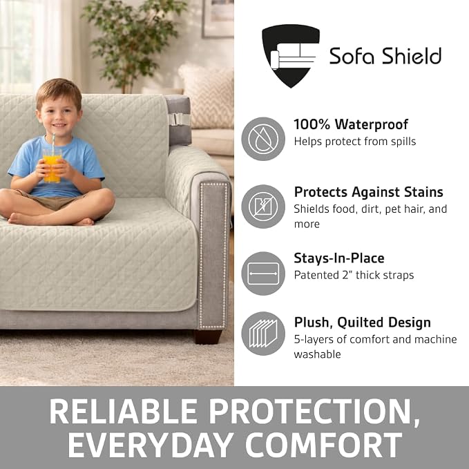 Sofa Shield 100% Waterproof Couch Cover with Patented Straps, Slip & Stain Resistant Furniture Protector, Machine Washable Sofa Slipcover for Dogs Cats Pets Kids, 28 inch Seat, Large Recliner, Taupe - Image 2