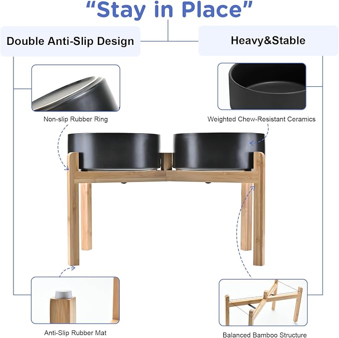 SPUNKYJUNKY Elevated Dog Bowls Ceramic, 8.3'' Dogs Food Water Bowls Raised with Non-Slip Bamboo Stand for Large Sized Breed Microwave Dishwasher Safe - 60 OZ,Black - Image 4