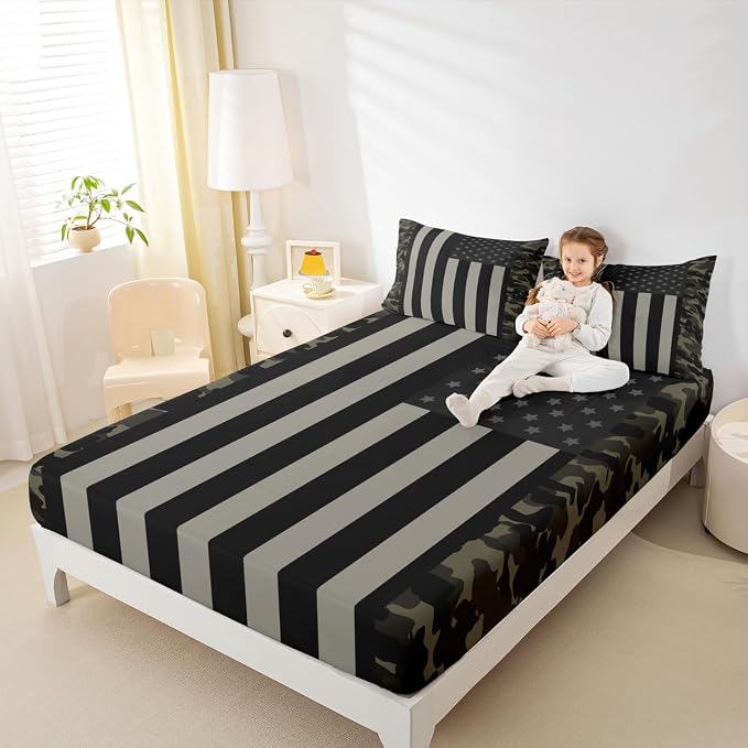 American Flag Bed Sheet Set Camouflage Military Bedding Queen,Army Green Camo United States Flag Bed Sheets For Kids Boys Teens Men,Vintage Black Grey Patriotic Fitted Sheet & Flat Sheet 3 Pcs - Image 8