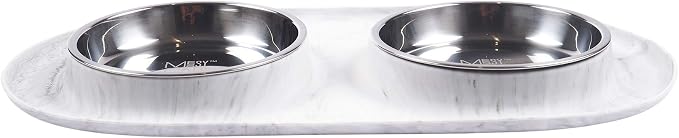 Messy Cats Double Silicone Feeder, Stainless Bowls, 1.75 Cup, Marble | Non-Slip Silicone Double Cat Feeder With Two Removable Stainless Steel Saucer Bowls For Food And Water by Messy+Cats