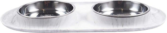 Messy Cats Double Silicone Feeder, Stainless Bowls, 1.75 Cup, Marble | Non-Slip Silicone Double Cat Feeder With Two Removable Stainless Steel Saucer Bowls For Food And Water by Messy+Cats