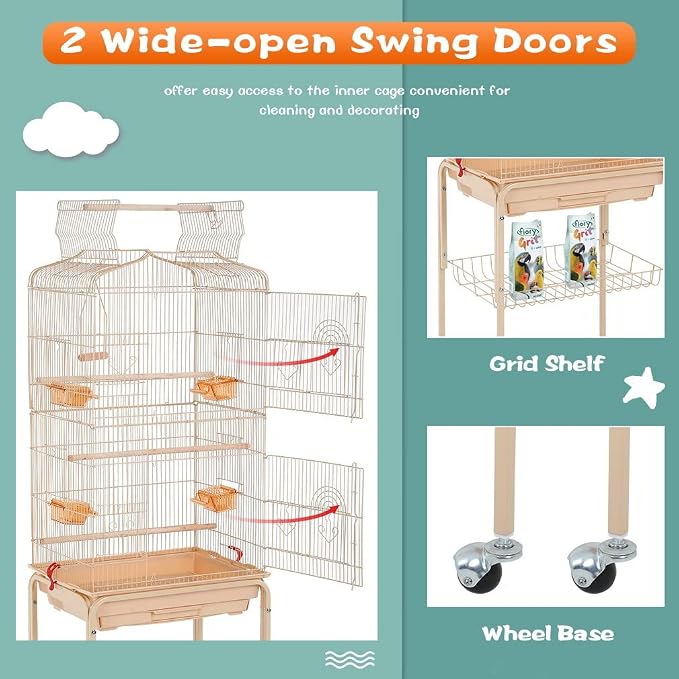 BestPet 64 inch Wrought Iron Bird Cage for Parakeets Medium Small Parrots Parakeet Cage with Detachable Rolling Stand & Play Open Top for Cockatiels Lovebird Finches Canaries (Almond) - Image 5