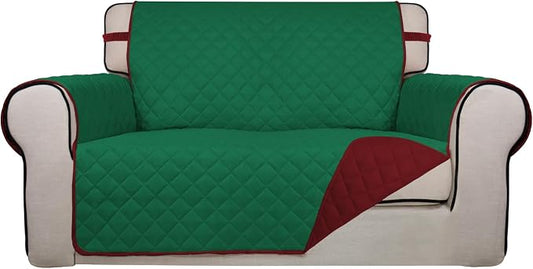 PureFit Reversible Quilted Couch Covers for Dogs Loveseat Sofa Cover 46.5” | Green/Red, Water Resistant Couch Protector, Washable Pet Couch Cover with Non Slip and Elastic Straps For Kids by PureFit