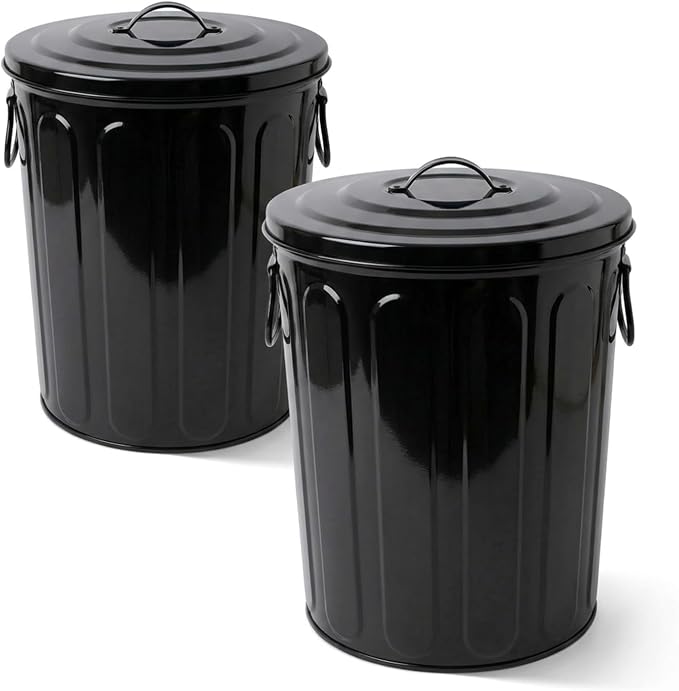 Plexon 5 Gallon Small Metal Trash Can with Lid Outdoor Galvanized Steel Bucket with Lid 5 Gal Storage Can for Dog Food Bird Seed Storage Container, Black 2 Pack by Plexon