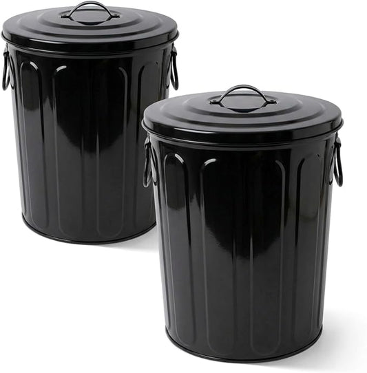 Plexon 5 Gallon Small Metal Trash Can with Lid Outdoor Galvanized Steel Bucket with Lid 5 Gal Storage Can for Dog Food Bird Seed Storage Container, Black 2 Pack by Plexon