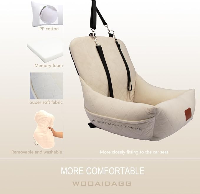 WOOAIDAGG Dog Car Seat for Small Dogs,Ultra-Soft Fabric,2 Storage Pockets & Safety Leash,Adjustable Straps,Easy to Install,Fully Detachable and Washable(Beige) - Image 3