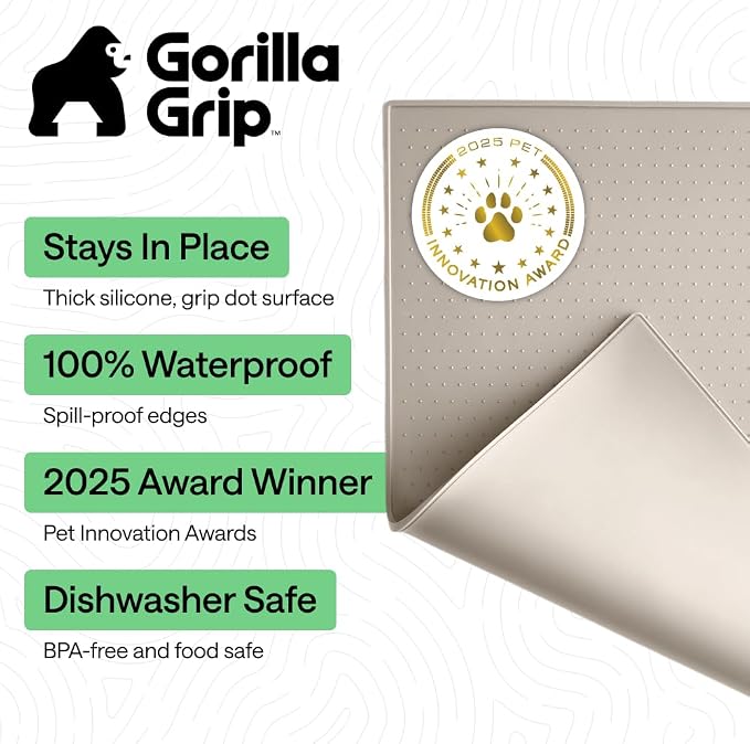 GORILLA GRIP 100% Waterproof Raised Edge BPA Free Silicone Pet Feeding Mat, Dog Cat Food Mats Contain Spills Protects Floors, Placemats for Cats and Dogs Water Bowl, Pets Accessories 23x15 Beige - Image 2