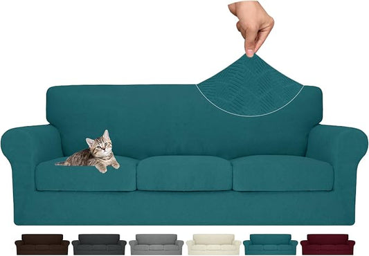 MAXIJIN 4 Piece Couch Covers for 3 Cushion Couch Sofa Covers, Stretch Couch Slipcovers for Sofas with 3 Cushions, Thick 3 Seat Furniture Protector for Dogs Pet (71"-91", Teal) by MAXIJIN