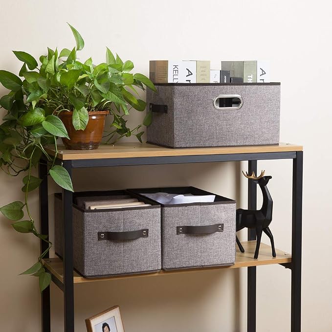 PRANDOM Large Foldable Storage Bins for Shelves [3-pack] Decorative Linen Fabric Storage Baskets Cubes with Leather/Metal Handles for Closet Nursery Office Grey and Black Trim (14.9x9.8x8.3 Inch) - Image 3