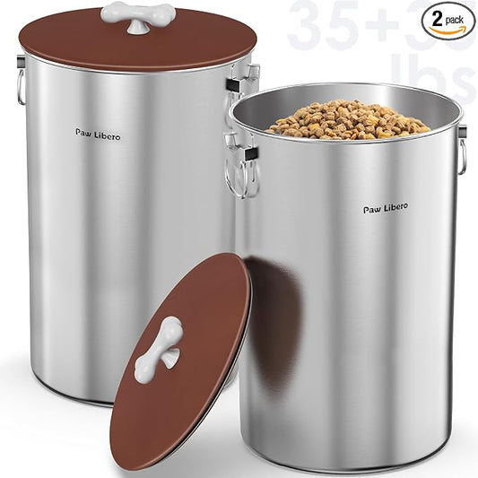 Paw Libero 2PK 35 Lbs Stainless Steel Dog Food Storage Container with Airtight Lid & Ceramic Bone Handle, Large Metal Dog Food Bin for Dogs & Cats, Keep Fresh, Easy to Clean by PawLibero